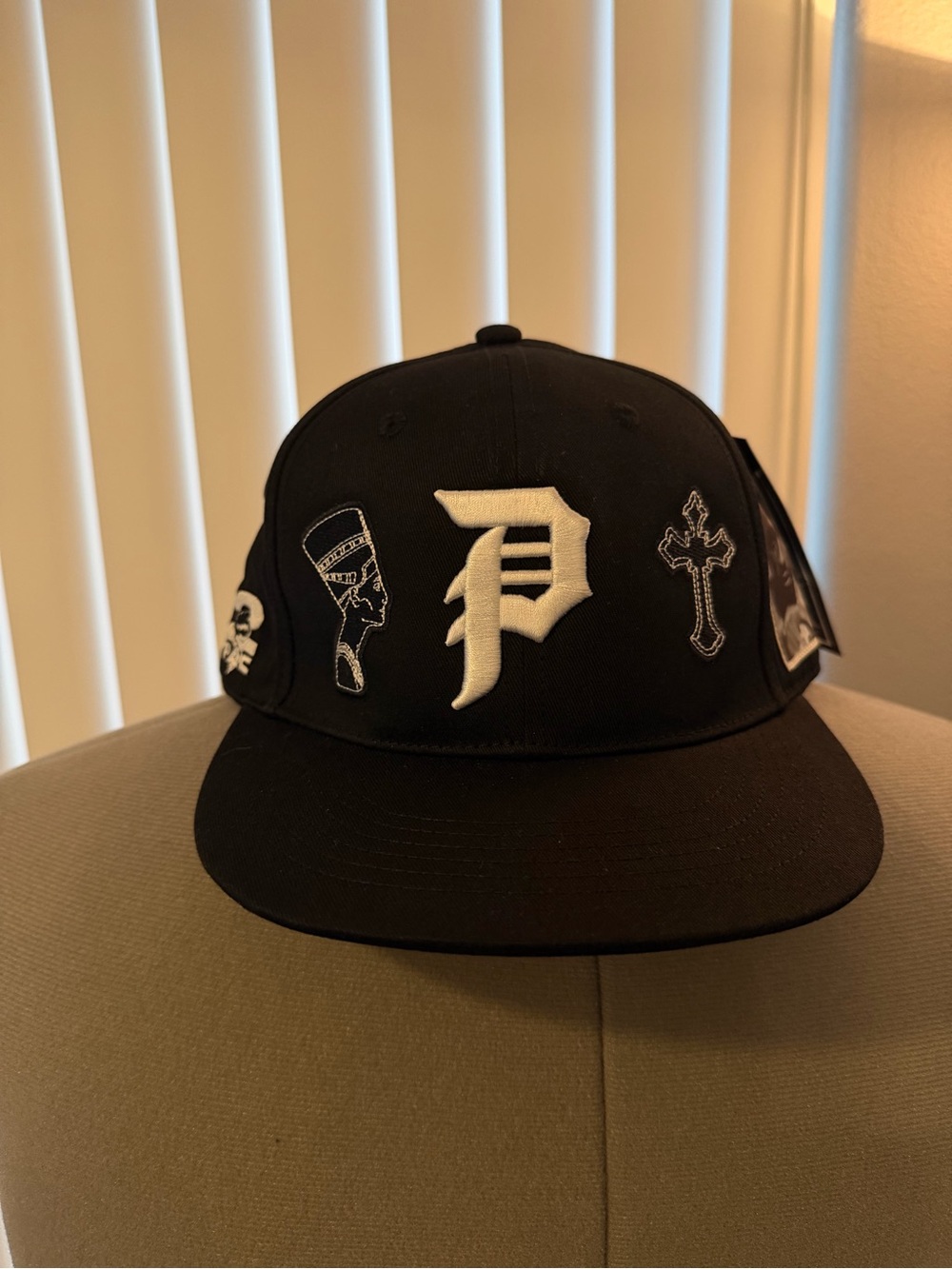 Primitive Black Snapback Hat with White 'P' & Embroidered Motifs